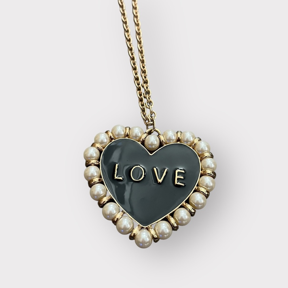 Black & Gold Heart with Pearl Pendant Long Chain Necklace